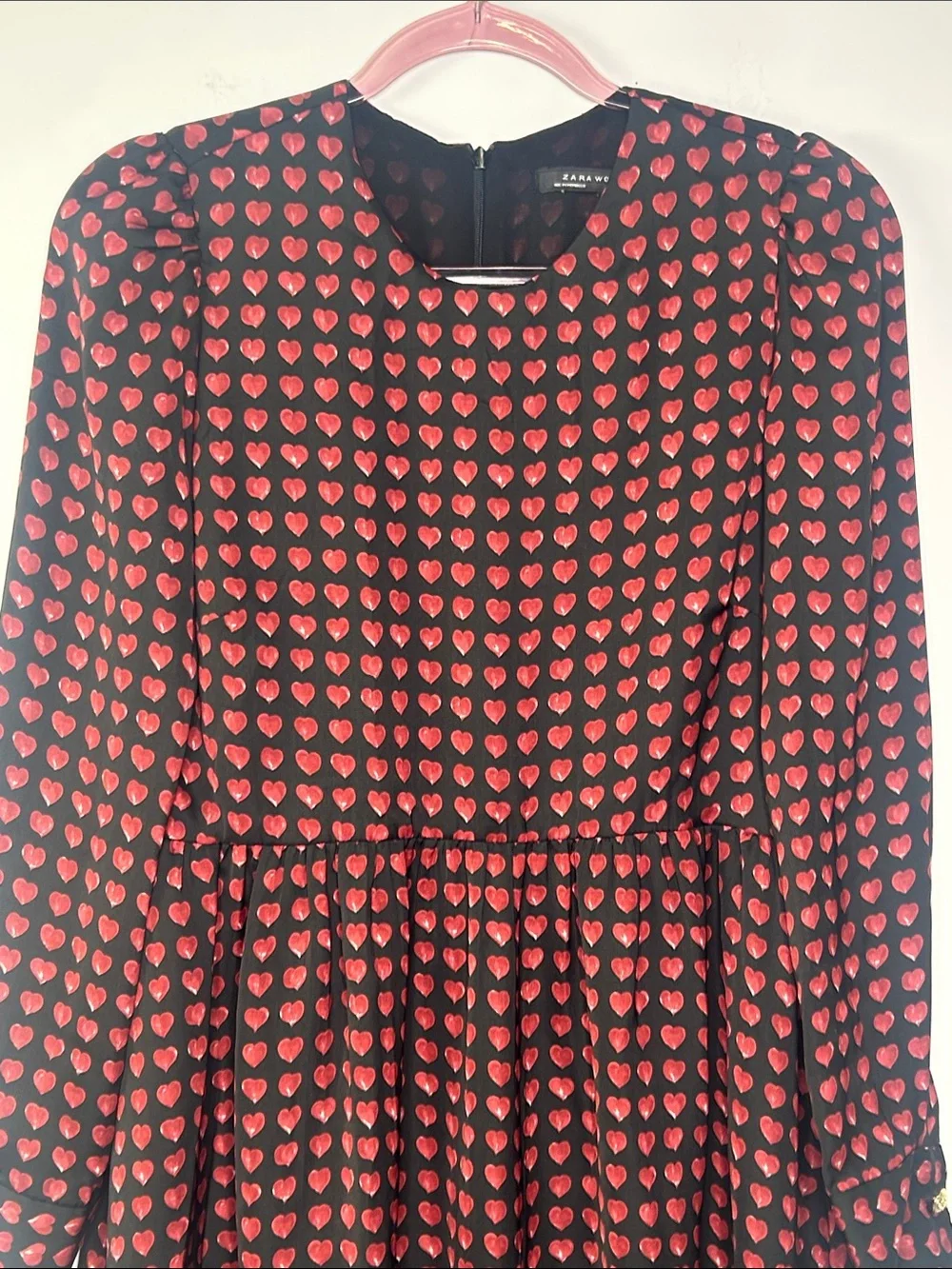 ZARA Woman Red Heart Print Long Sleeve Romper Mini Dress Black Size Small